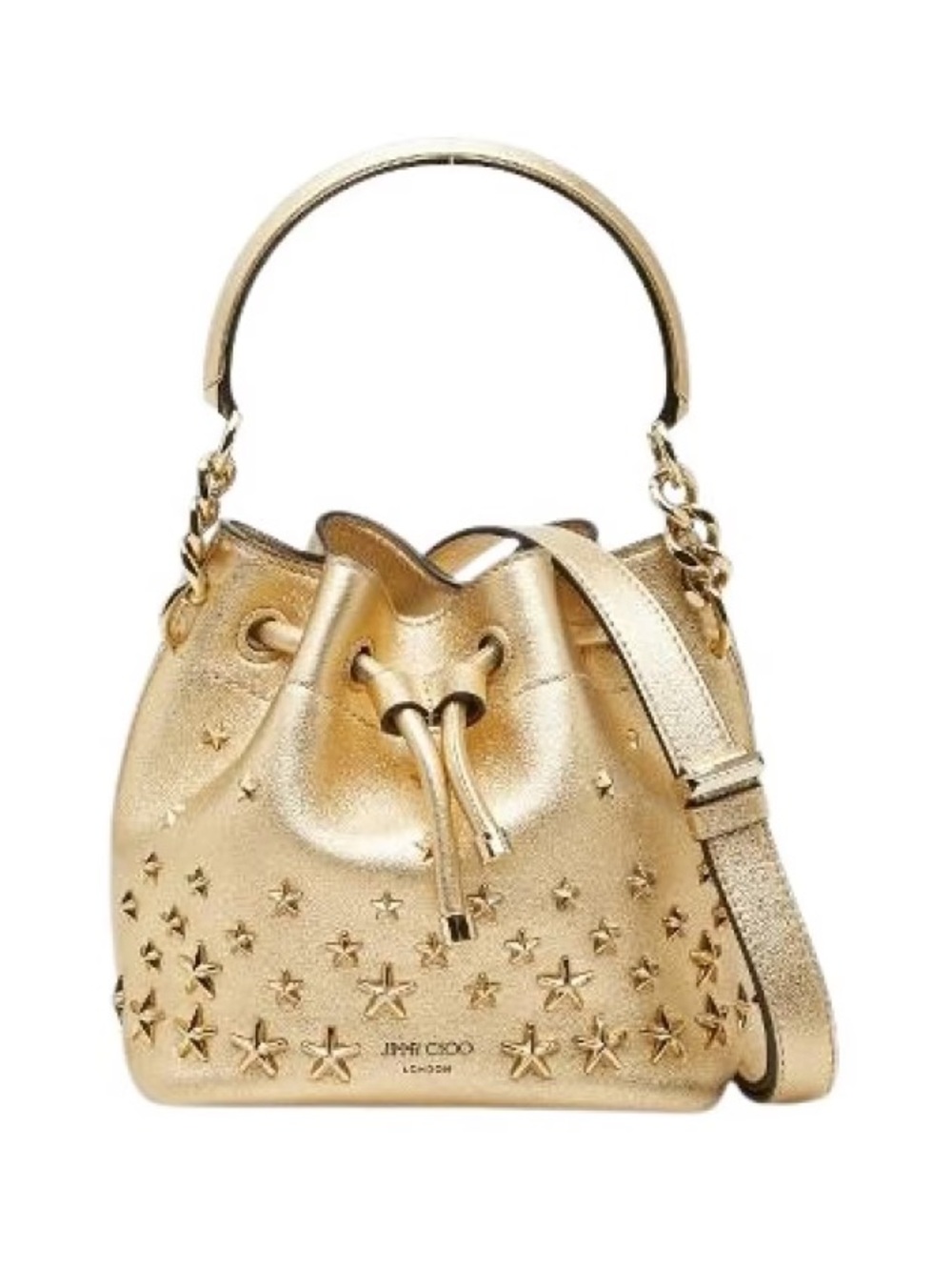 Jimmy Choo Gold Leather Star-Embellished Bucket Bag